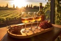sunlit vineyard with a wine flight on a tray