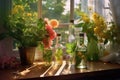 sunlit vodka bottles with garden flowers and greenery