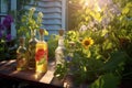 sunlit vodka bottles with garden flowers and greenery