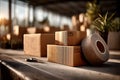 Sunlit Warehouse with Cardboard Boxes, Tape, and Scissors for Packaging and Shipping Generative AI Royalty Free Stock Photo