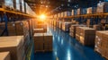 Sunlit warehouse with stacked pallets and boxes Royalty Free Stock Photo