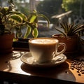 Sunlit window, coffee\'s mist, stretched table shadow A morning\'s picturesque coffee