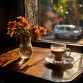 Sunlit window, coffee\'s mist, stretched table shadow A morning\'s picturesque coffee