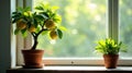 Sunlit window sill with miniature citrus tree and lush potted plant. Generative AI Royalty Free Stock Photo
