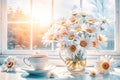 Sunlit windowsill, daisy bouquet, teacup, garden view Royalty Free Stock Photo