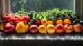 Sunlit Windowsill Display of Freshly Harvested Tomatoes, Bell Peppers, and Lemons Royalty Free Stock Photo