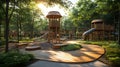 Sunlit wooden playground, forest setting, children playing, pathway, brochure use Royalty Free Stock Photo
