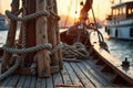 Sunlit wooden ship deck with ropes at harbor sunset Royalty Free Stock Photo