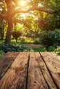 Sunlit Wooden Table in Lush Garden Setting with Warm Summer Sunshine Filtering Through Trees