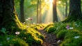 Sunlit woodland path with delicate wildflowers and mossy tree trunks. Generative AI Royalty Free Stock Photo