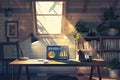 Sunlit workspace with laptop displaying charts and graphs in a cozy room Royalty Free Stock Photo