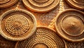 Sunlit woven rattan placemats arranged on a textured surface. Generative AI Royalty Free Stock Photo