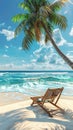 A sunlounger is placed under a palm tree on the beach Royalty Free Stock Photo