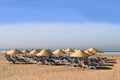 Sunlounger and sunshades in a row on the beach Royalty Free Stock Photo