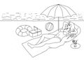 Girl outline on a beach, coloring beach resort linear girl lying under sun near to sea