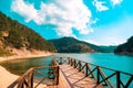 Sunnet Lake Pier, Clean Water and blue sky, Mountain Forests at the far end, Bolu, Turkey Royalty Free Stock Photo