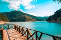 Sunnet Lake Pier, Clean Water and blue sky, Mountain Forests at the far end, Bolu, Turkey Royalty Free Stock Photo