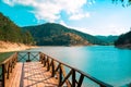 Sunnet Lake Pier, Clean Water and blue sky, Mountain Forests at the far end, Bolu, Turkey Royalty Free Stock Photo