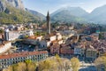 Sunny aerial cityscape of Lecco town on spring morning. Picturesque waterfront of Lecco town located between famous Lake Como and