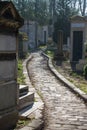 Sunny ancient cobblestone way to eternity at historical cemetery Royalty Free Stock Photo