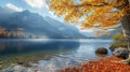 Sunny autumn day at beautiful mountain lake with clouds . Royalty Free Stock Photo