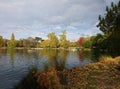 Sunny autumn, day in the park near the lake, natural background, clear water surface with trees reflection, yellow leaves Royalty Free Stock Photo