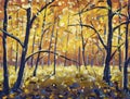 Sunny autumn gold forest park impressionism painting trees in orange wood