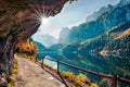 Sunny autumn scene of Vorderer Gosausee lake. Colorful morning view of Austrian Alps, Upper Austria, Europe. Beauty of nature