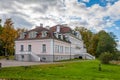 Sunny autumn weather drew tourists and visitors to enjoy the beautiful Art Nouveau style house. Royalty Free Stock Photo