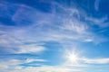 Sunny background of blue sky with real sun and light clouds Royalty Free Stock Photo