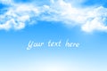 Sunny background, blue sky with white clouds and sun. Realistic vector banner with blue sky. Banner text space Royalty Free Stock Photo