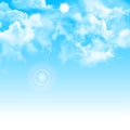 Sunny background, blue sky with white clouds and sun. Square realistic vector banner with blue sky. Banner text space Royalty Free Stock Photo