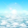Sunny background, blue sky with white clouds and sun. Square realistic vector banner with blue sky Royalty Free Stock Photo
