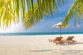 Sunny beach banner getaway couple destination scenic, honeymoon wallpaper. Palm tree idyllic sky sea sand Royalty Free Stock Photo