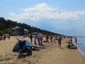 Sunny beach and blue water on the shore of the Gulf of Riga. 29, July, 2018, Latvia, Jurmala