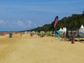 Sunny beach and blue water on the shore of the Gulf of Riga. 29, July, 2018, Latvia, Jurmala