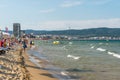 Sunny Beach, Bulgaria July 15, 2019. Beautiful view of the Black Sea with a beach where there is a crowd of tourists in Sunny Beac