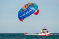 Sunny Beach, Bulgaria July 13, 2019. A motorboat pulls a parachute with two tourists on the Black Sea off the coast of Sunny Beach