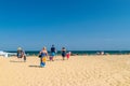 SUNNY BEACH, BULGARIA - 2 SEP 2018: People going to the beach in Sunny Beach, a resort on Bulgaria s Black Sea coast known for its