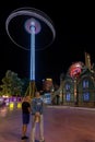 SUNNY BEACH, BULGARIA - September 10, 2017: Attraction in the park. Roller coaster in motion at night. A long exposure photo Royalty Free Stock Photo