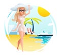 Sunny Beach Cute Happy Girl Walk Planning Summer Tourism Journey Symbol Travel Hotel Palm Trees Ocean Sea Background