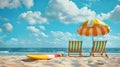 Sunny beach day with deck chairs and umbrella, perfect for vacation and relaxation themed graphics. Ideal for travel and Royalty Free Stock Photo
