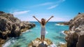 Sunny Beach Haven, Woman Standing on a Rock in the Sea, Ideal for Relaxation and Enjoyment