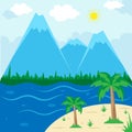Sunny Beach Landscape - Mountain, Vector Illustration, Holiday season summer background Royalty Free Stock Photo