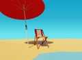 Sunny beach with red/white striped beach chair and red beach umbrella 3d render landscape horizontal graphic Royalty Free Stock Photo