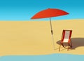 Sunny beach with red/white striped beach chair and red beach umbrella 3d render landscape horizontal graphic Royalty Free Stock Photo