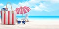 Sunny Beach Retreat: beach accessories, parasol and beach chair - Generative AI Royalty Free Stock Photo