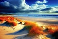 Sunny beach with sand dunes, dry grass and blue sky on the sunset. Generative AI Royalty Free Stock Photo