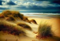 Sunny beach with sand dunes, dry grass and blue sky on the sunset. Generative AI Royalty Free Stock Photo