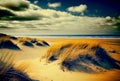 Sunny beach with sand dunes, dry grass and blue sky on the sunset. Generative AI Royalty Free Stock Photo
